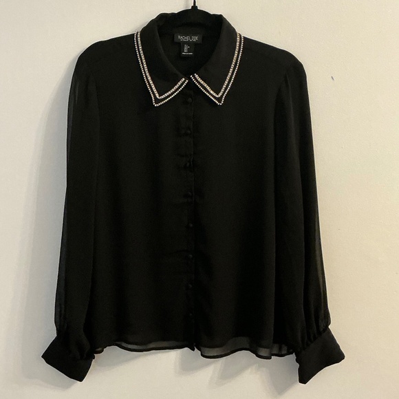 Rachael Zoe Black Blouse Sheer Sleeves Crystal Collar Large - Picture 1 of 7